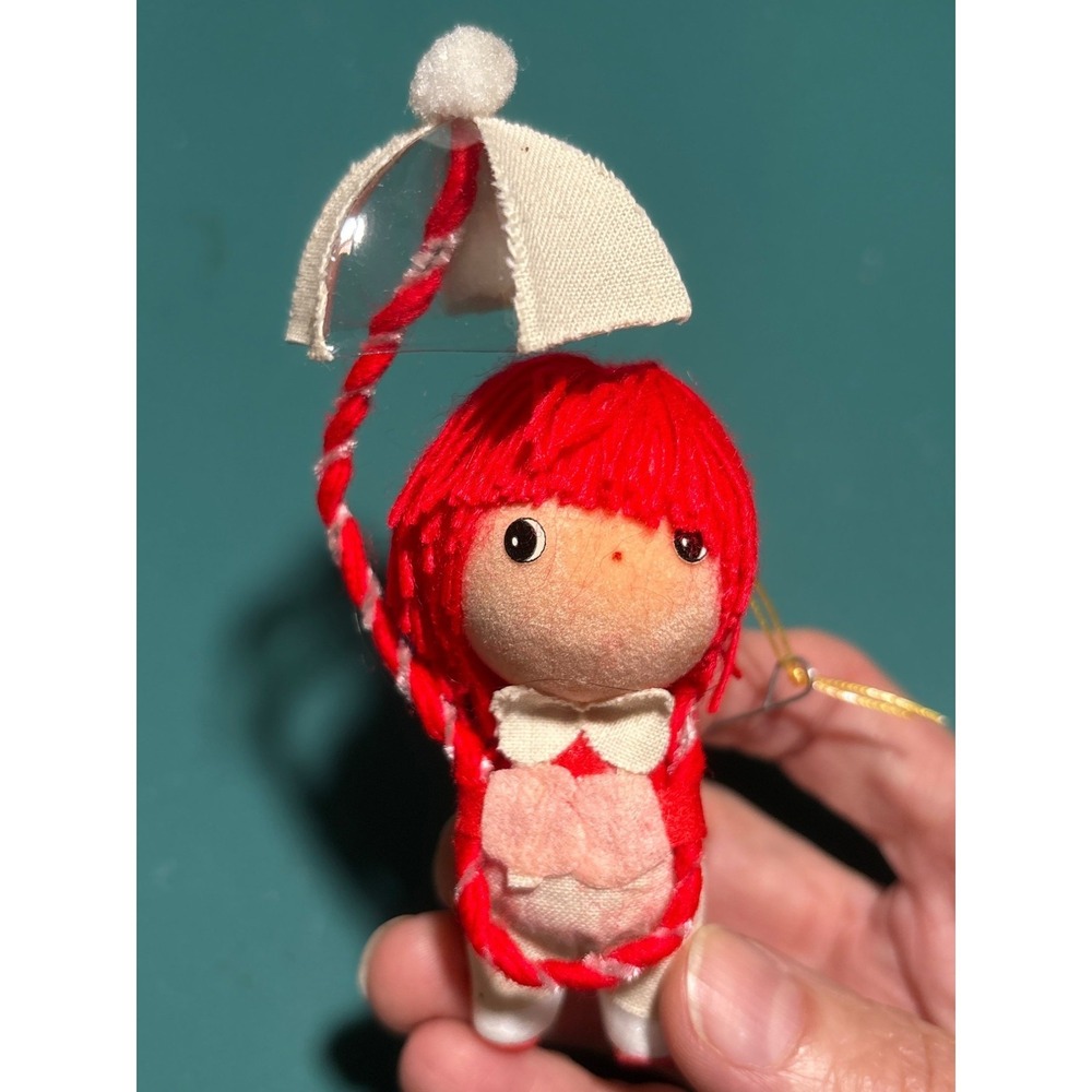 Vintage Handmade Japan Red‎ Yarn Doll Ornament With Braided Umbrella